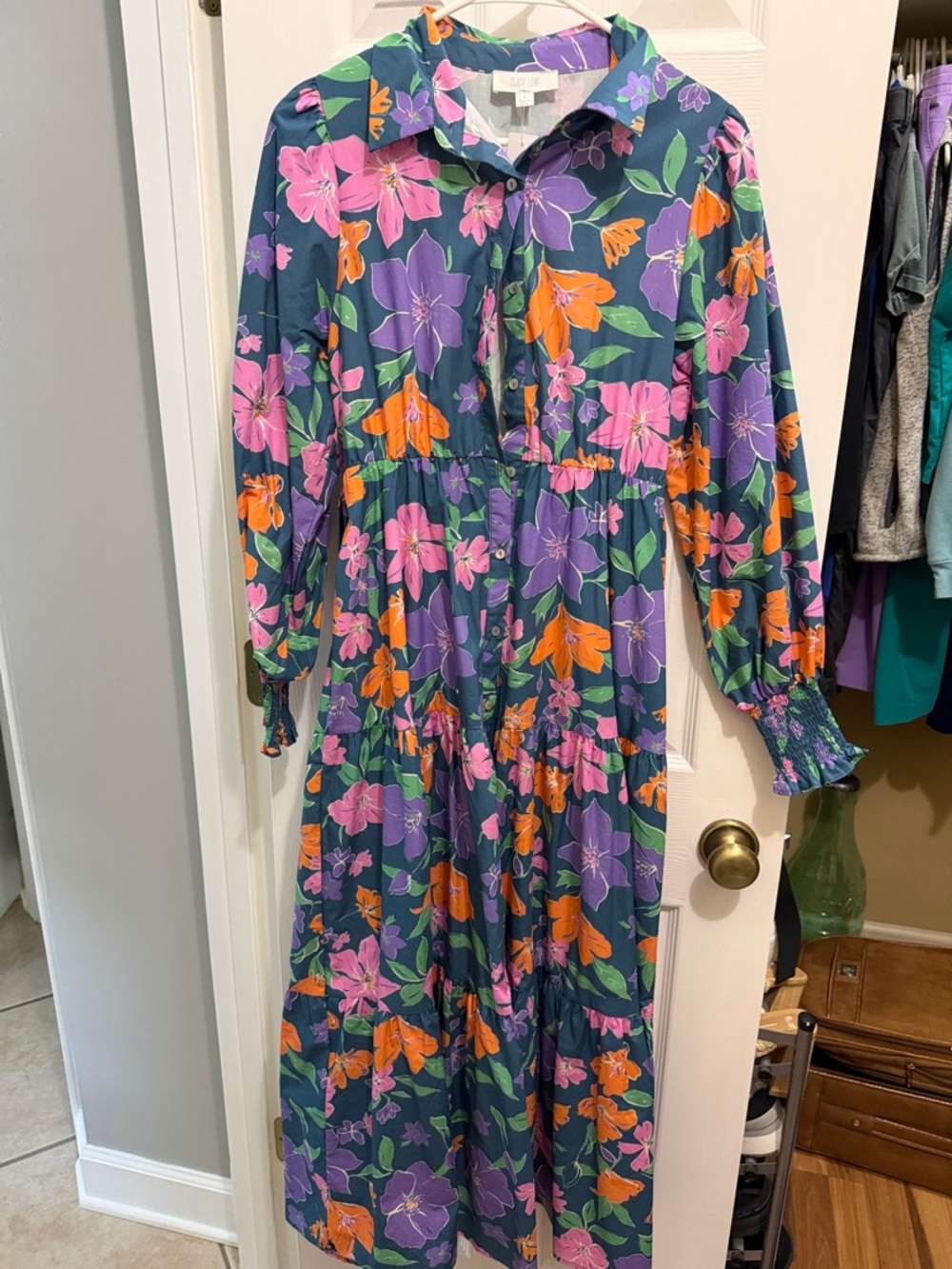 Floral Button-Up Midi Dress in Navy, Purple, Pink & Orange
